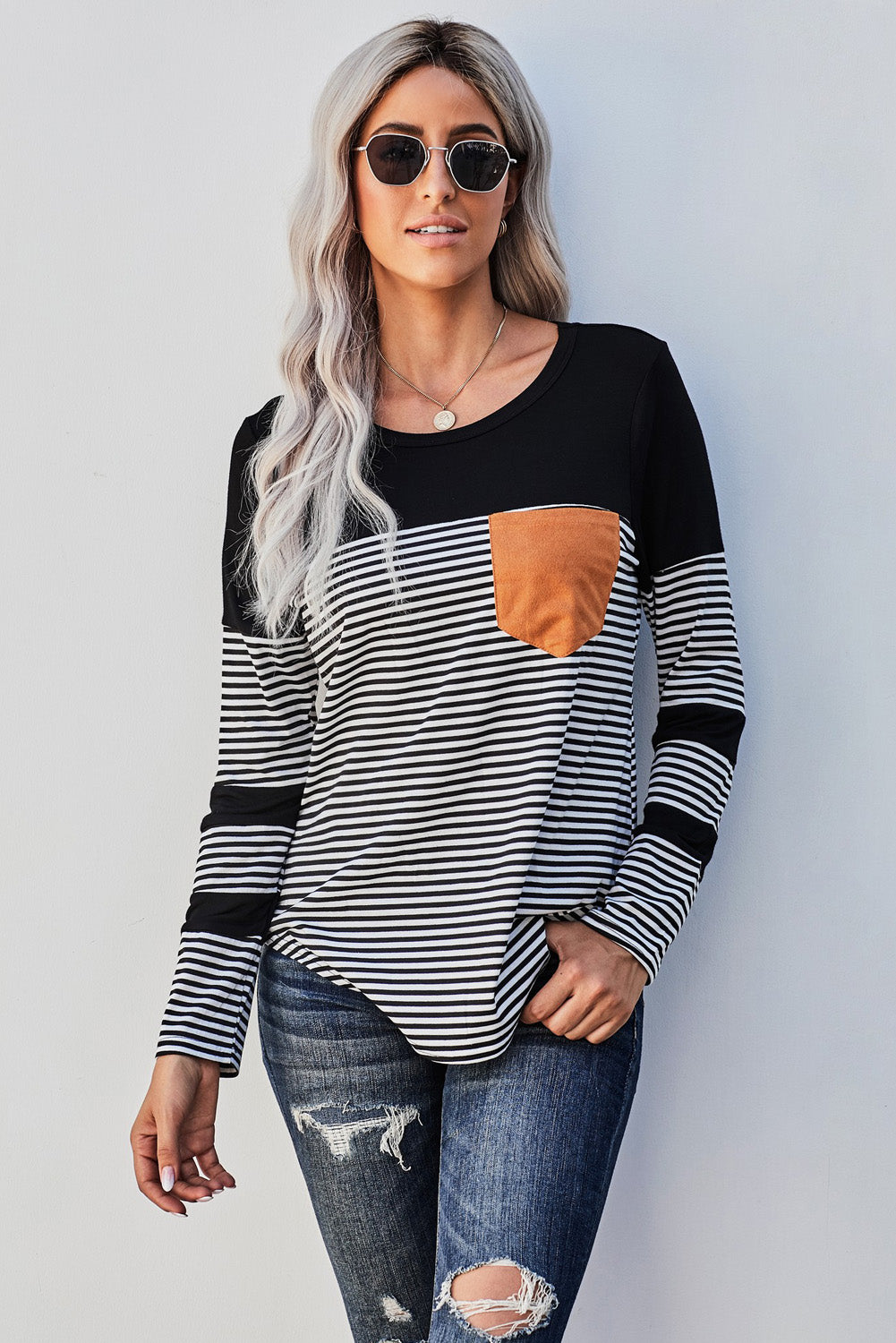 Black Pinstripe Patch Pocket Top