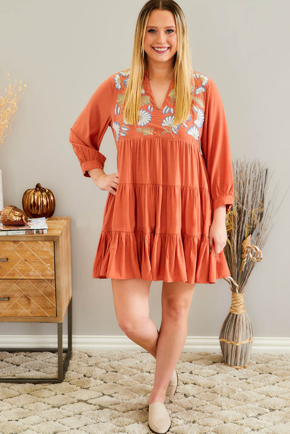 Embroidered Tiered Ruffle Dress