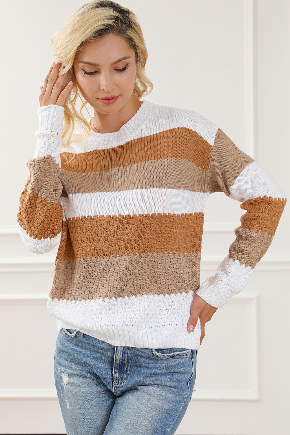 Chestnut Striped Cable Knit Drop Shoulder Sweater