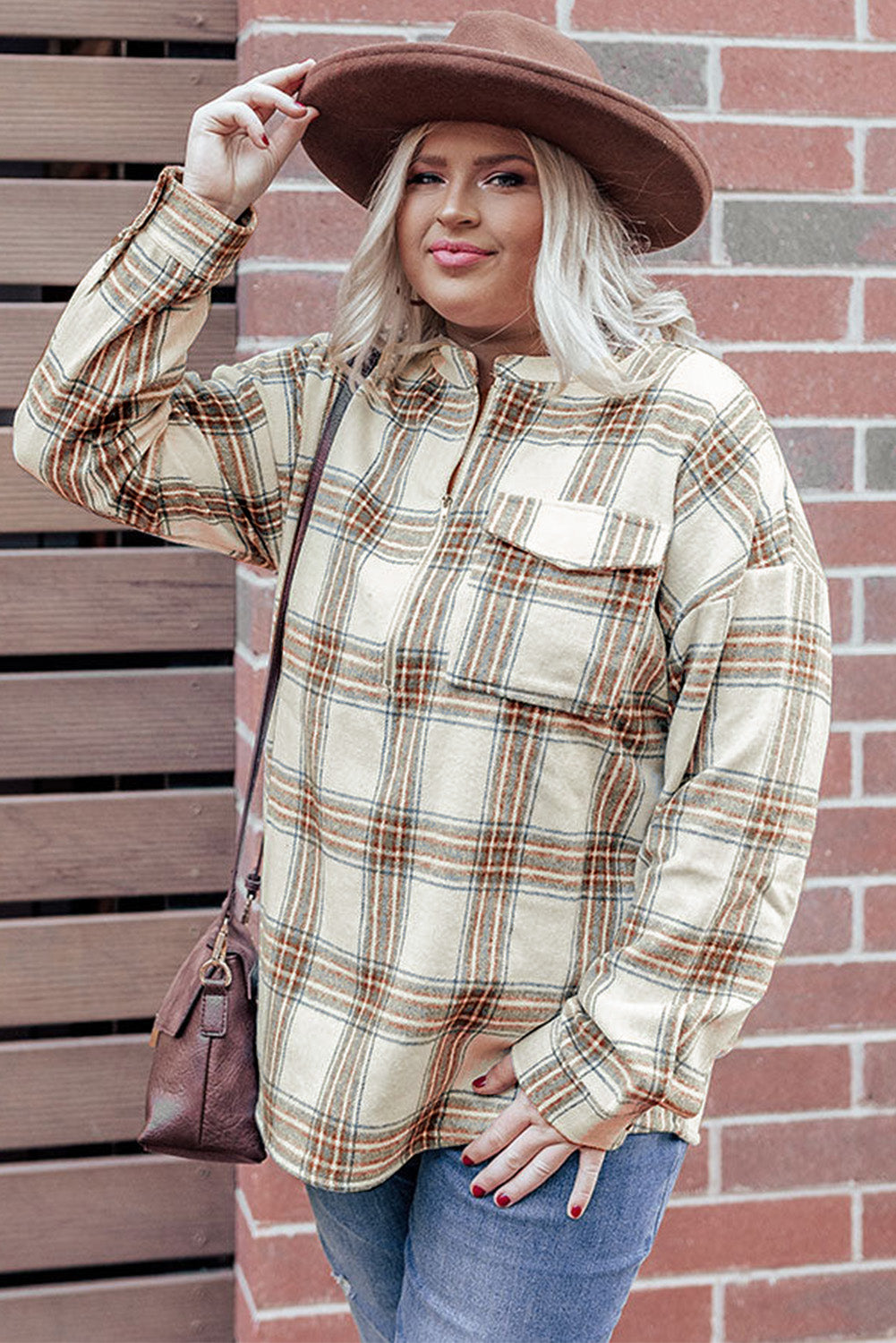 Beige Plus Size Plaid Half-Zipper Sweatshirt with Chest Pocket