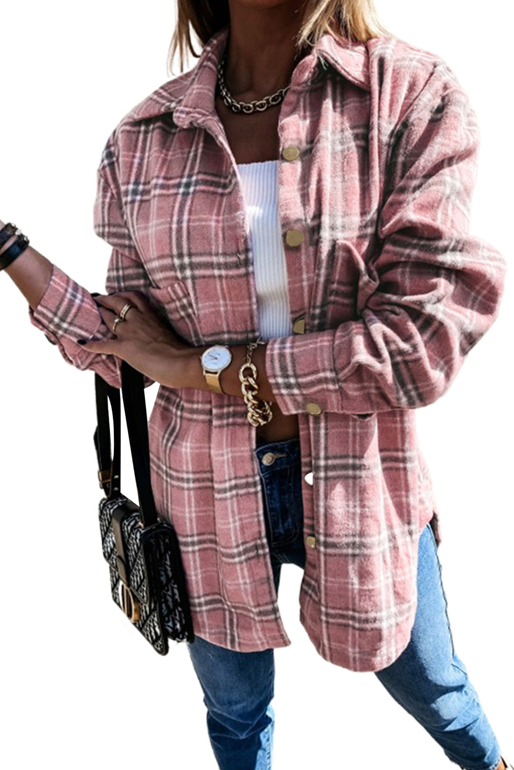 Pink Plaid Pattern Buttoned Shirt Coat with Slits