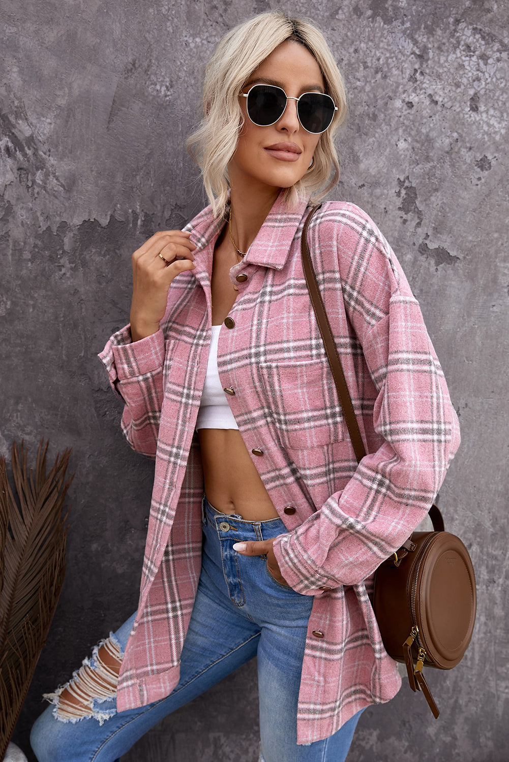 Pink Plaid Pattern Buttoned Shirt Coat with Slits