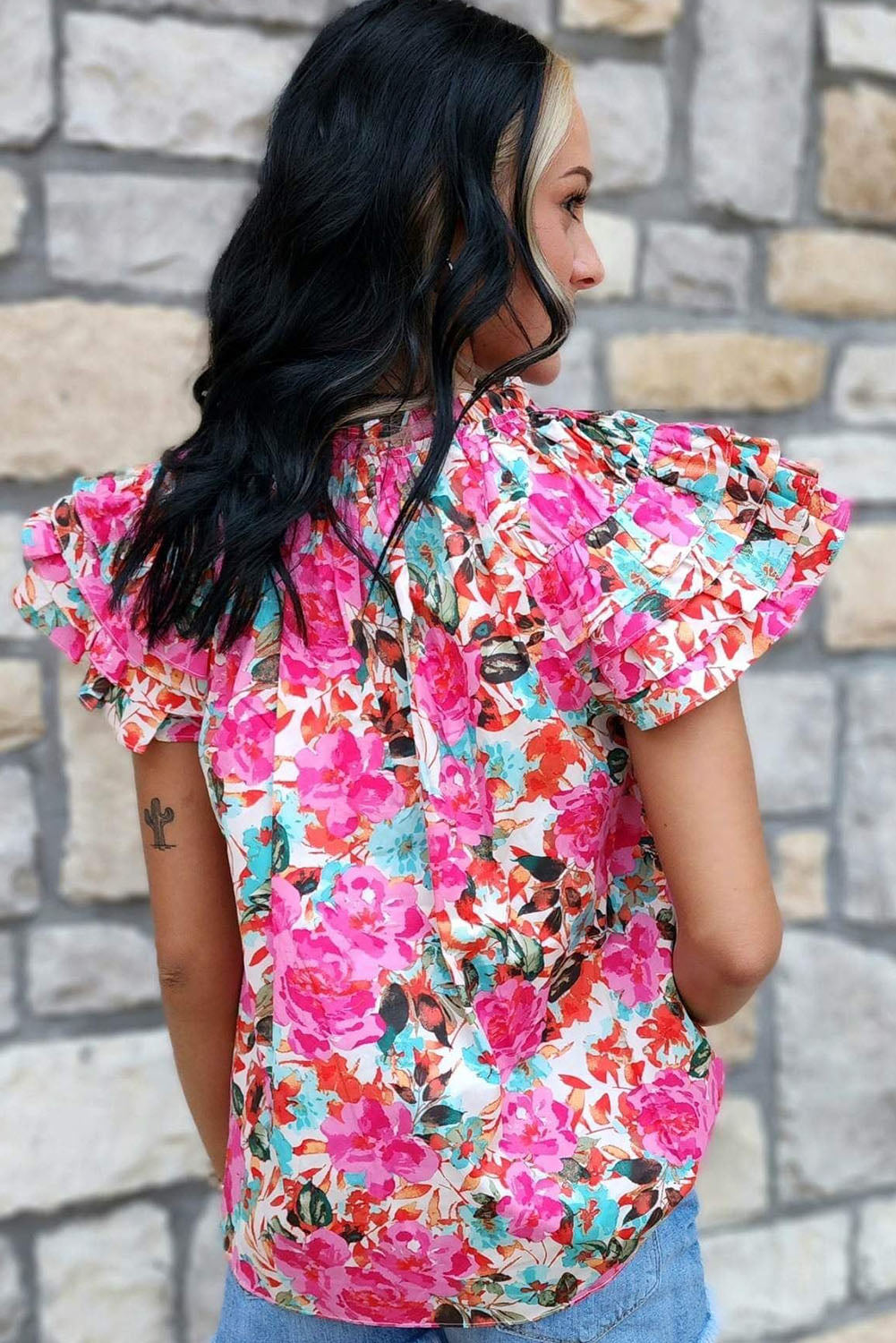 Ruffle Flutter Sleeve Floral Print Blouse