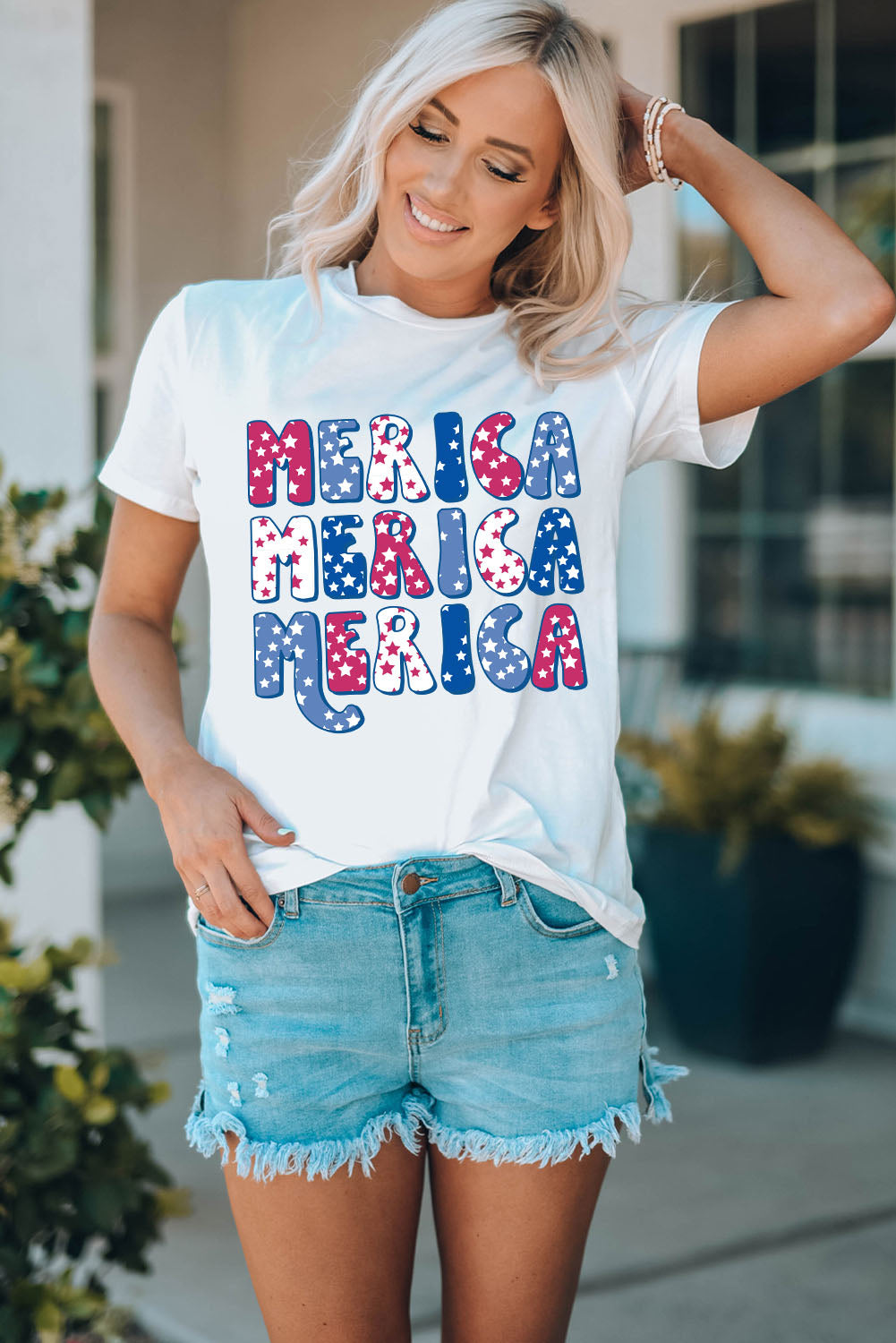 White MERICA Graphic Crew Neck Tee