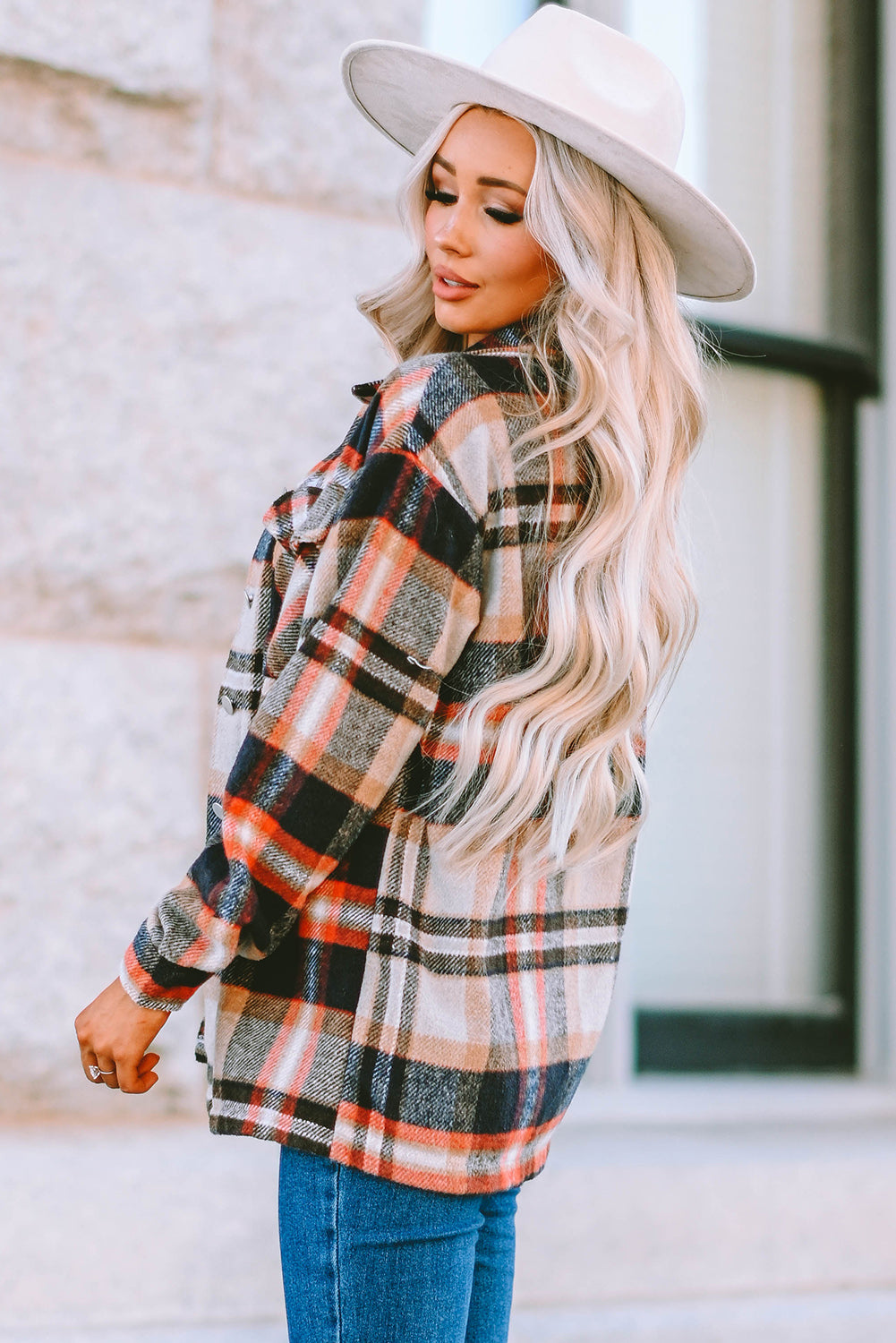 Khaki Geometric Plaid Print Pocketed Shacket