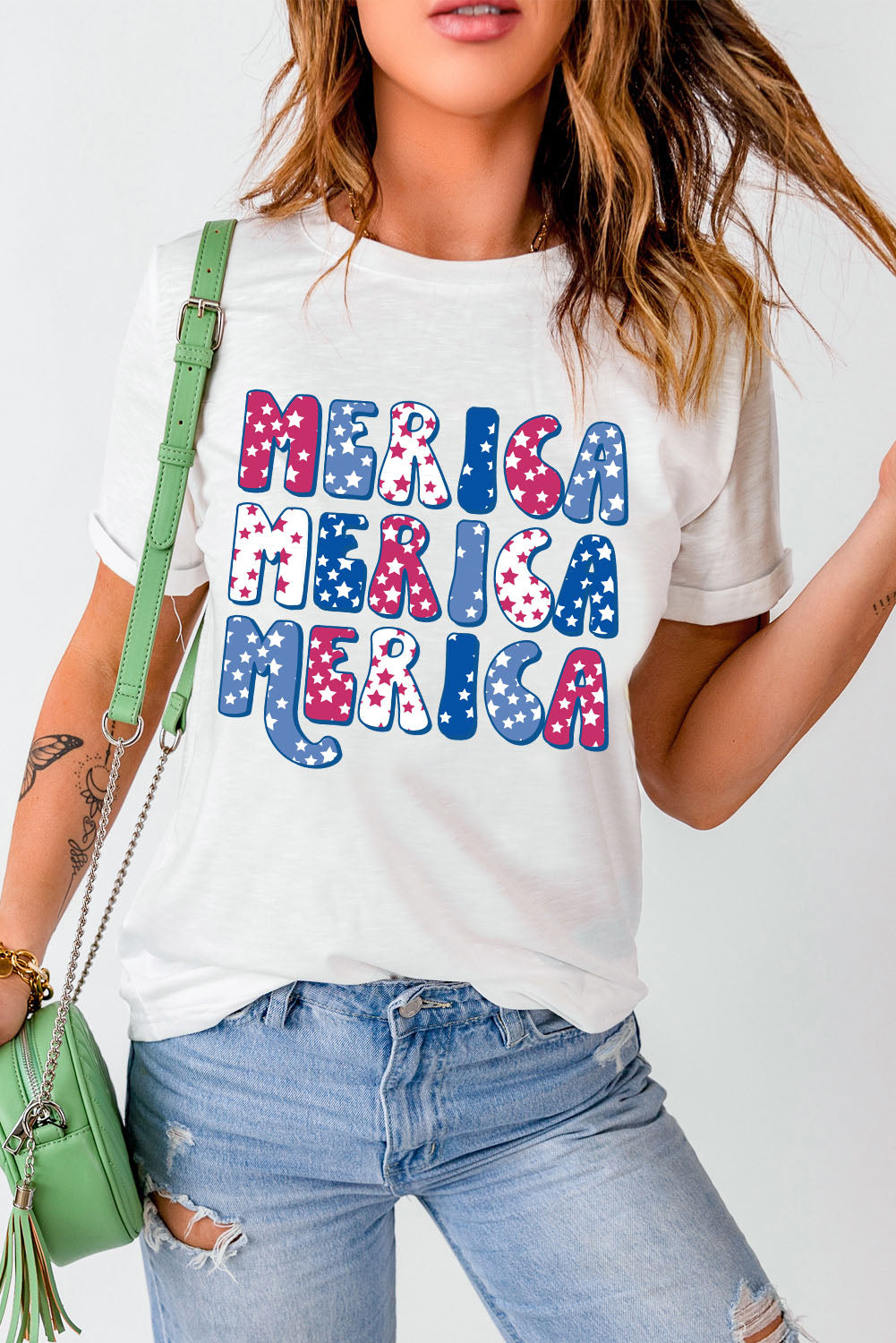 White MERICA Graphic Crew Neck Tee