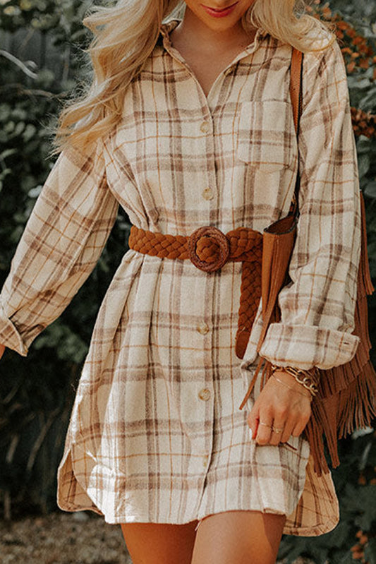 Khaki Western Plaid Button Up Loose Shirt Dress