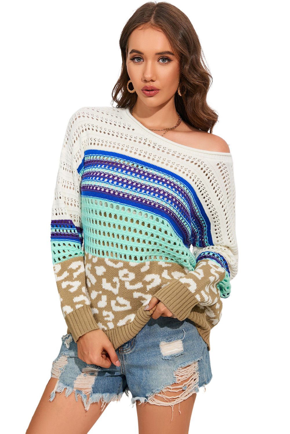 Multicolor Leopard Striped Mix Pattern Knit Crochet Sweater