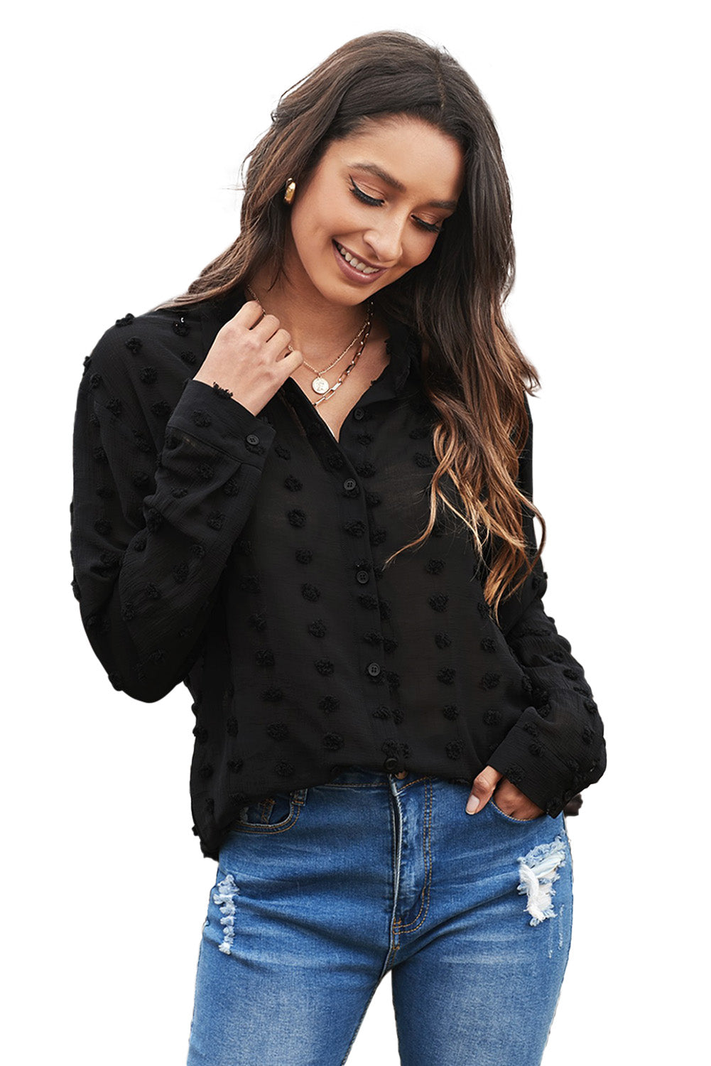 Black Long Sleeve Button Fuzzy Polka Dot Shirt