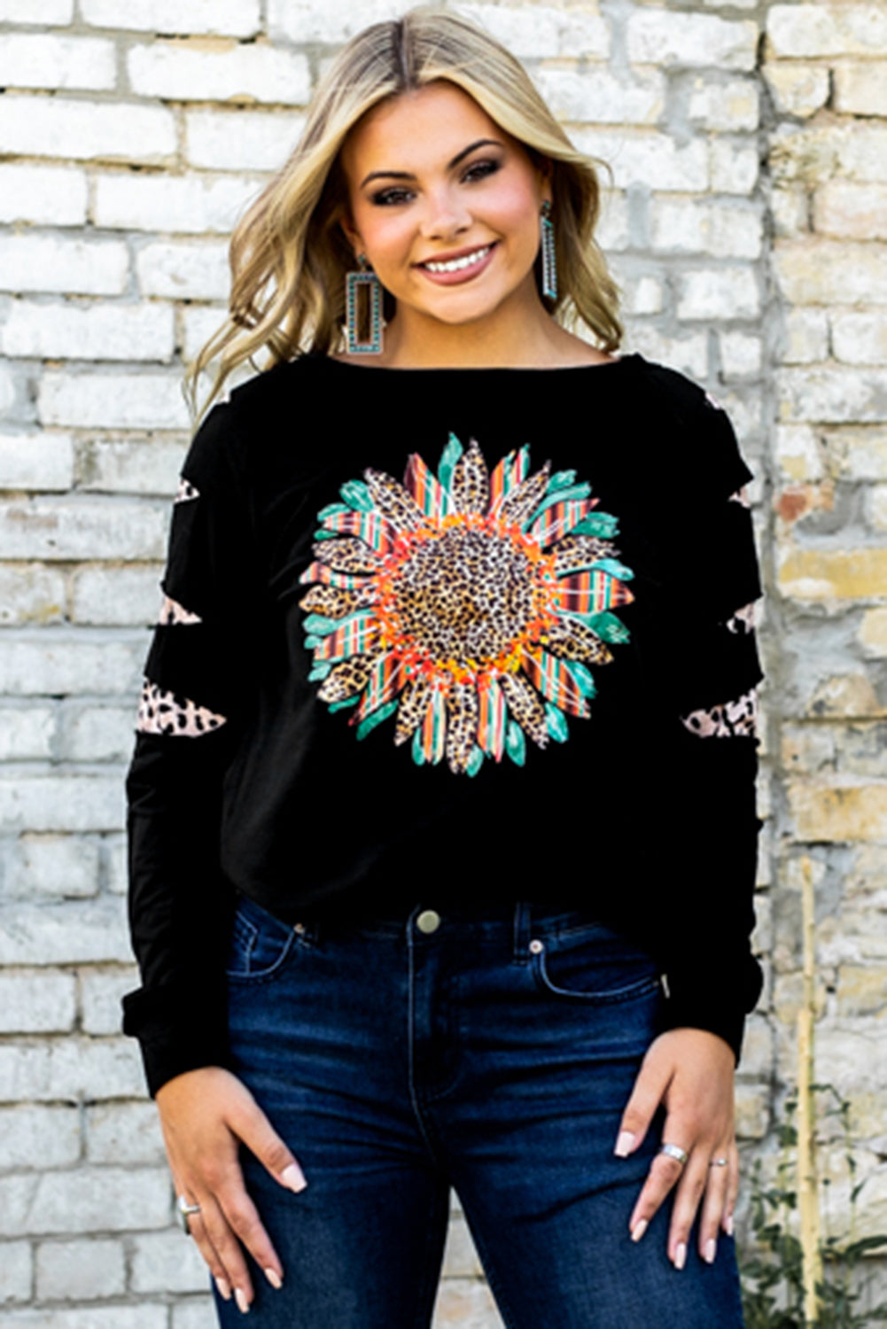 Black Leopard Sunflower Graphic One-Shoulder Sweatshirt