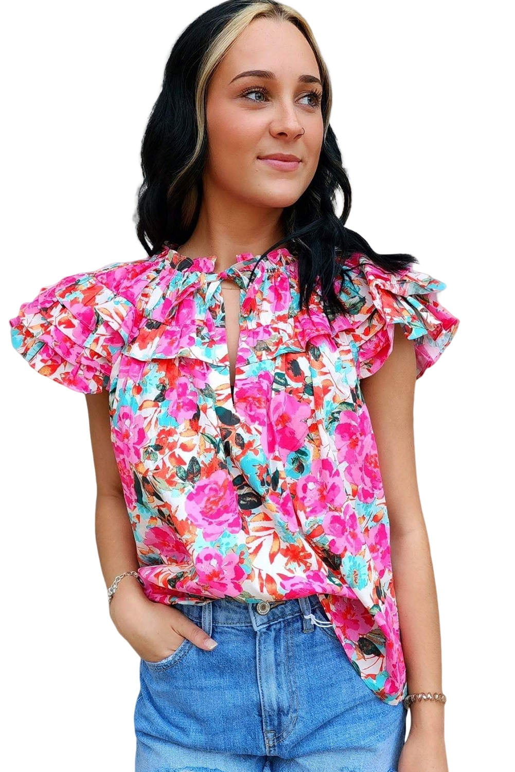 Ruffle Flutter Sleeve Floral Print Blouse