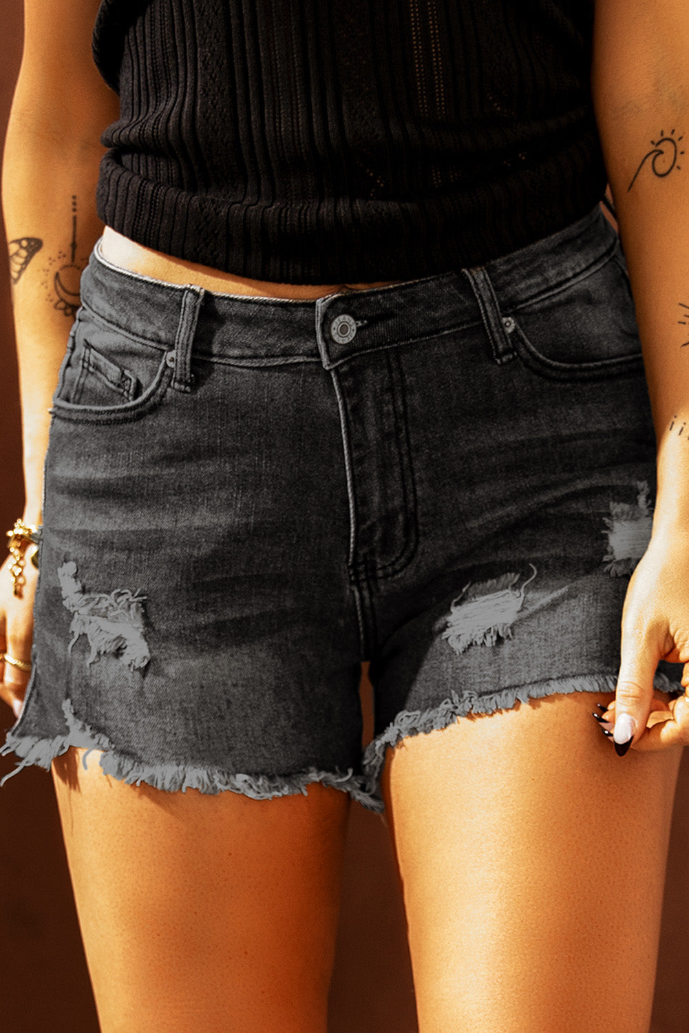 Distressed Ripped Denim Shorts with Pockets