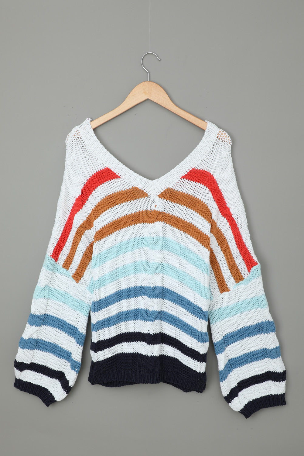 Multicolor Stripe Bubblegum V-Neck Braided Knit Sweater