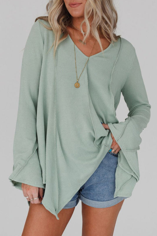 Ribbed Expose Seam Bell Sleeve Top