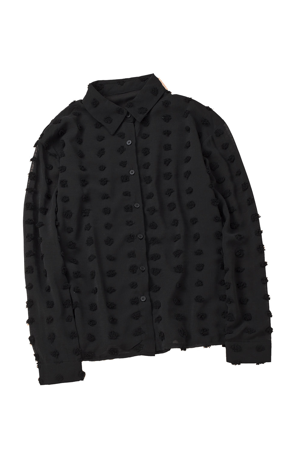 Black Long Sleeve Button Fuzzy Polka Dot Shirt