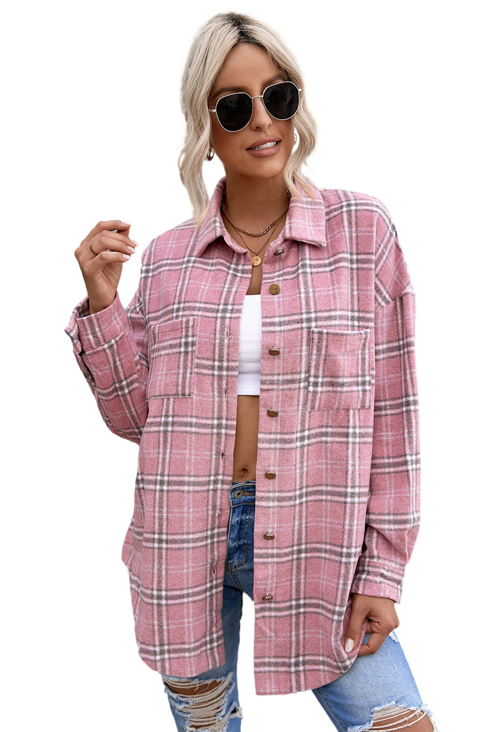 Pink Plaid Pattern Buttoned Shirt Coat with Slits