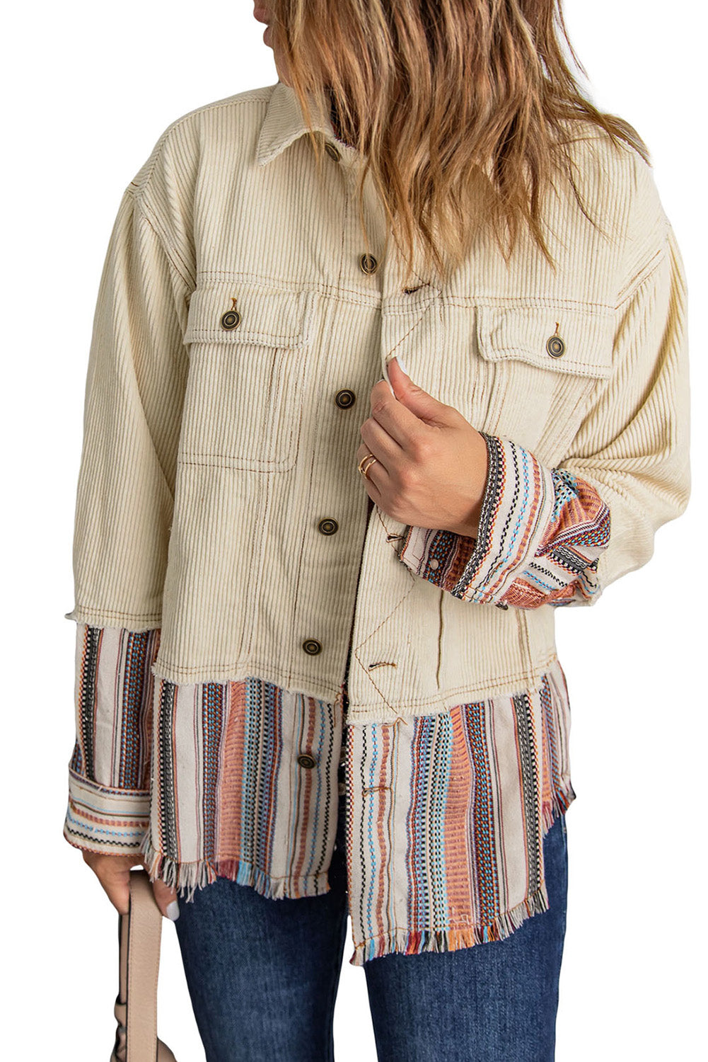 Button Up Pockets Striped Color Block Corduroy Jacket